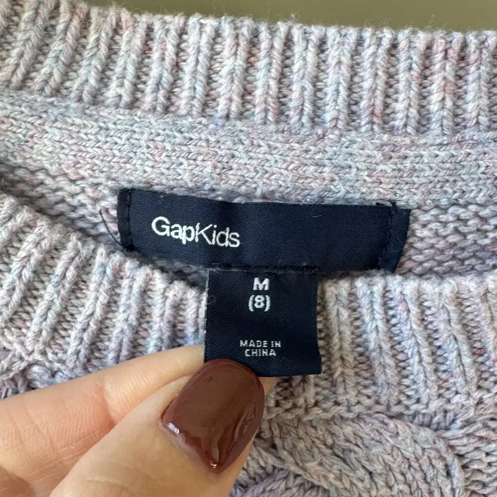 Gap Kids Preppy Lavender Gray Cable Knit Crewneck Sweater, Girls Medium/8Y